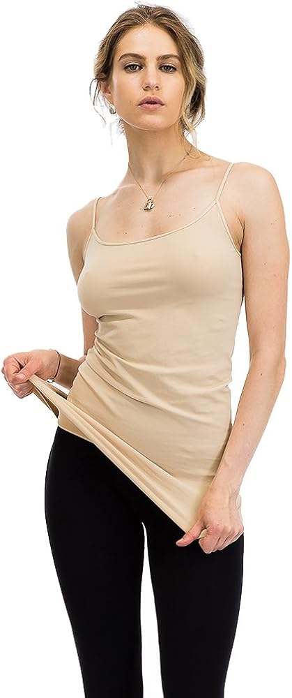 Seamless Spaghetti Camisole Tank Top - Womens Basic Plain Solid Lingerie Tanktop Long Slim Strap Nursing Cami Made in USA: Clothing