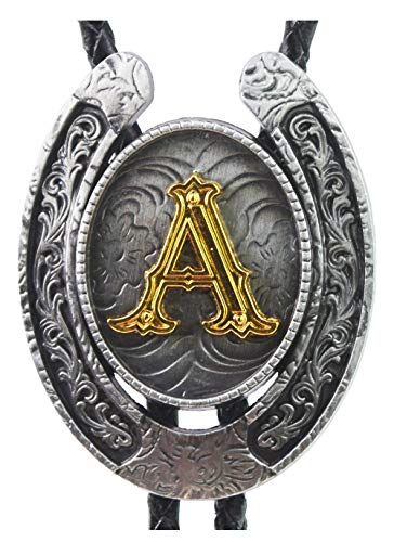 Moranse Bolo Tie Golden Initial Letter A to Z In Western Cowboy Horseshoe Style with Cowhide Rope Necktie(A)