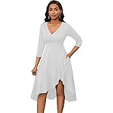 Womens Sexy Summer Midi Dress Casual Wrap V Neck 3/4 Sleeve Split Ruffle Hem Short Dresses with Pockets