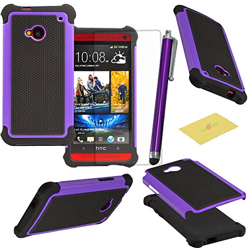 HTC One M7 Case, M7 Case, Fulland Deluxe Hybrid TUFF Rugged Shockproof Rubber + Hard Case Cover For HTC One M7 Plus Stylus Pen and Screen Protector-Purple