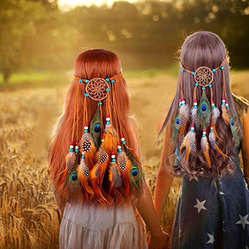 Indian Hippie Boho Peacock Headband Feather Earrings Dreamcatcher Headdress & Bohemian Earrings Fascianator for Women Girls Bridal Festival Masquerades Vocation Theme Party - Thumbnail 4