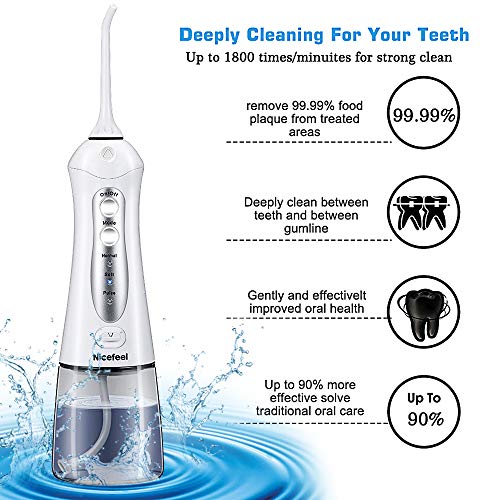 Cordless Water Flosser Teeth Cleaner, Nicefeel 300ML USB Rechargable 3-Mode Portable Oral Irrigator for Travel, IPX7 Waterproof Dental Water Flosser with 4 Jet Tips for Family - Thumbnail 2