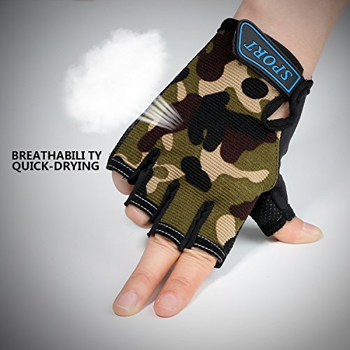 Boy Girl Child Children Kid Half Finger Fingerless Short Shock-absorbing No-Slip Pro Cycling Gloves Mitten for Cycling MTB Exercise Skate Skateboard Roller Skating Other Sports (army green)