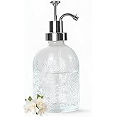 Glass Pump Soap Dispenser, 350ML Kitchen Hand Soap Dispenser Sour Cream Dispenser Rustproof Pump Dispenser for Kitchen Bathroom ((Maple Leaf Pattern on Silver Nozzle)