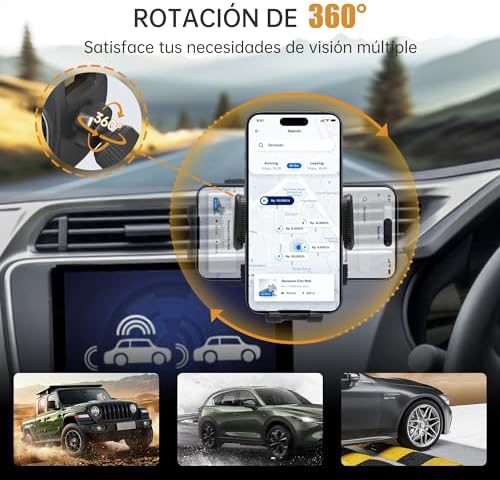 Soporte Movil Coche：360° Suporte Telemóvel Carro, Porta-Movil para Coche [Gancho Mejorado y Silicona] Sujeción para iPhone, Samsung, Google, Sony y Más (Negro)