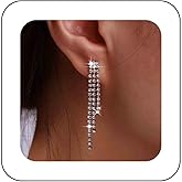 Iaceble Long Rhinestone Dangle Earrings Cz Crystal Tassel Earrings Crystal Chain Drop Earrings Chandelier Wedding Earrings Silver Rhinestone Linear Earrings Jewelry for Women