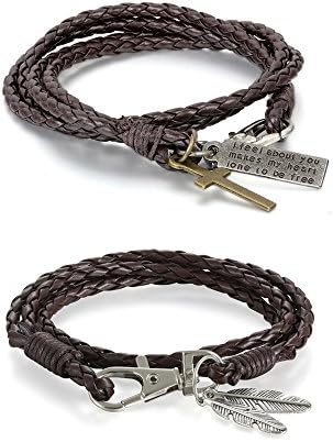 Celeisure 2PCS Cross Bracelet Leather Rope Wrap Braided with Feather for Men Women 7.5 Inch