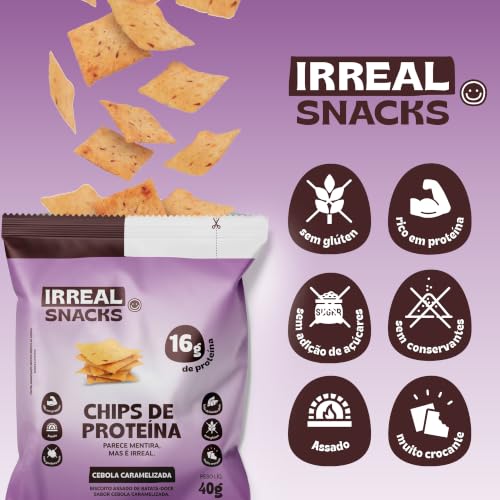 Irreal Snacks, Snack Proteico Salgado, Sabor Cebola Caramelizada, 40g, Feito com Batata Doce, Caseinato de Cálcio e Proteína de Arroz
