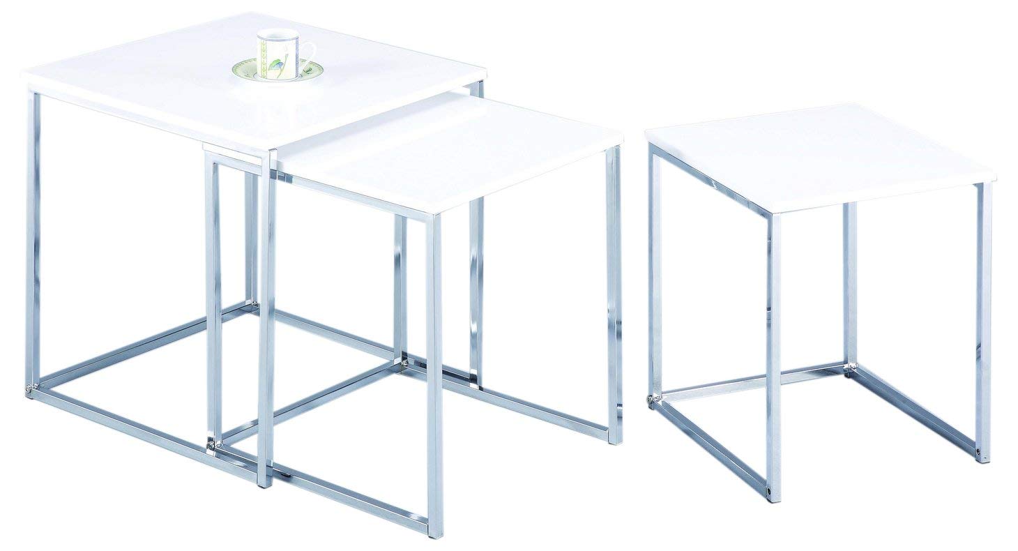 ASPECT Murano Set of 3 Nesting Table Gloss Wooden Tops Legs, Wood, White/Chrome