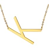 U7 Sideways Large Initial Necklaces for Women, Big Letter Script Name Necklaces Stainless Steel 18K Gold Plated Pendant Monogram Necklace