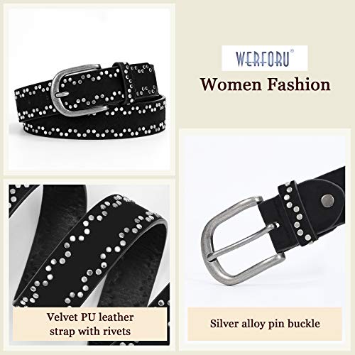 WERFORU Women Rivets Studded PU Leather Belt for Jeans Dress Ladies Punk Waist Belt, Black,Suit for Pants Size 26-29 Inches
