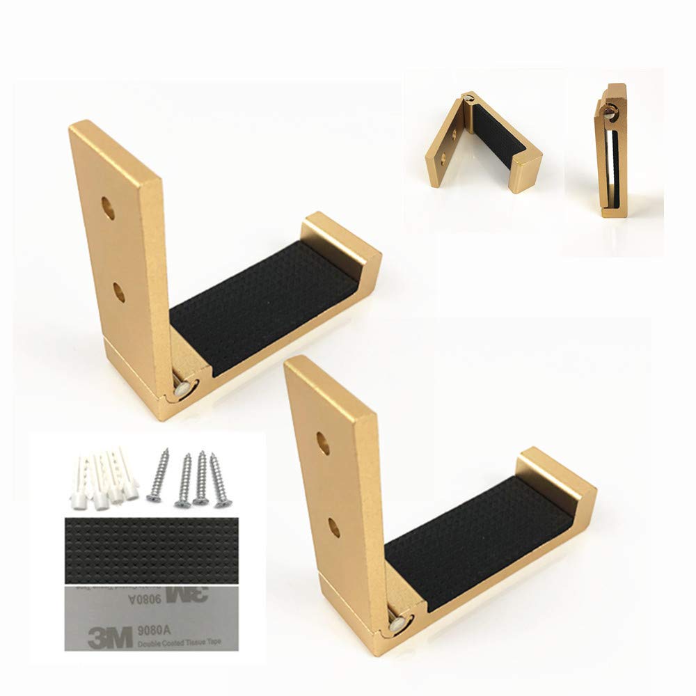 MeetRade 2Pack Foldable Wall Mount Headphones Holder Headset Wall Hanger, Aluminum Wall mount Hook,Hold Up to 1kg With 3M Adhesive Tape,20kg with Screws,Come With Soft Protective Pad (Golden)