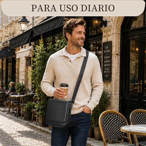 Eshow Genuine Leather Crossbody Bags for Men, RFID Blocking Anti-Theft Bag for Work University Business Travel and Urban Commuting, Black/White, Formal | Bolso Antirrobo para Trabajo Universidad Negocio Viajes y Desplazamientos Urbanos
