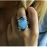 WDIYIEETN Vintage Silver Ring Oval Cut Natural Colorful Moonstone Elegant Gemstone Wedding Ring (6)