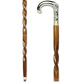 Antique Spiral Brown Wooden Walking Stick with Silver Brass Designer Parrot Handle Walking Wooden Cane for Gift Men &amp; Women