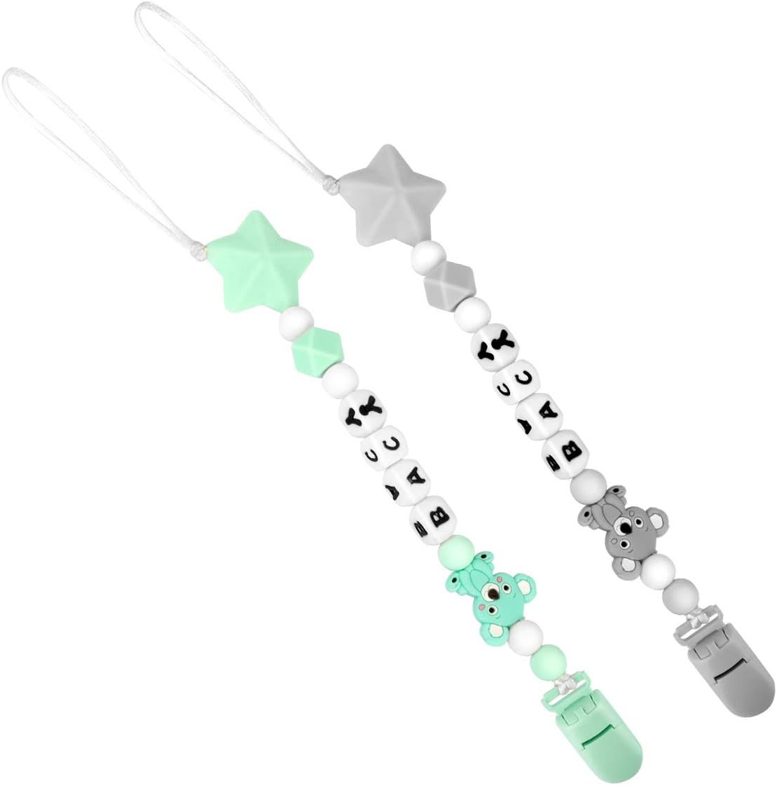 Laelr 2PCS Dummy Clips, Baby Teether Toys Pacifier Holder Relief Soother BPA Free Teething Bead Dummy Chain Newborn Boys and Girls Silicone Sensory Chew for Toddlers Infants Kids
