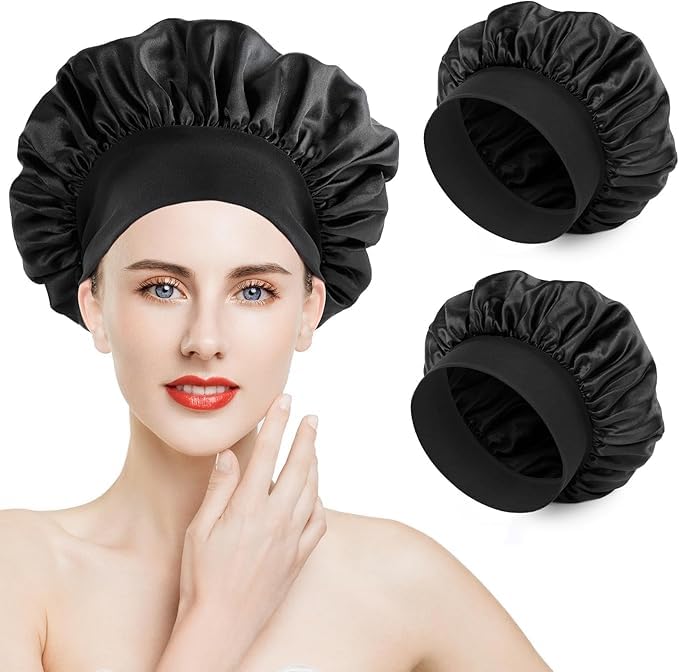 Romon Satin Hair Cap, Pack of 2 Sleep Cap, Silk Sleep Cap, Bonnet, Night Sleep Hat, Adjustable Sleeping Cap, Headwear, Soft Head Cap with Elastic Band for Women and Girls, black, One Size Fits All