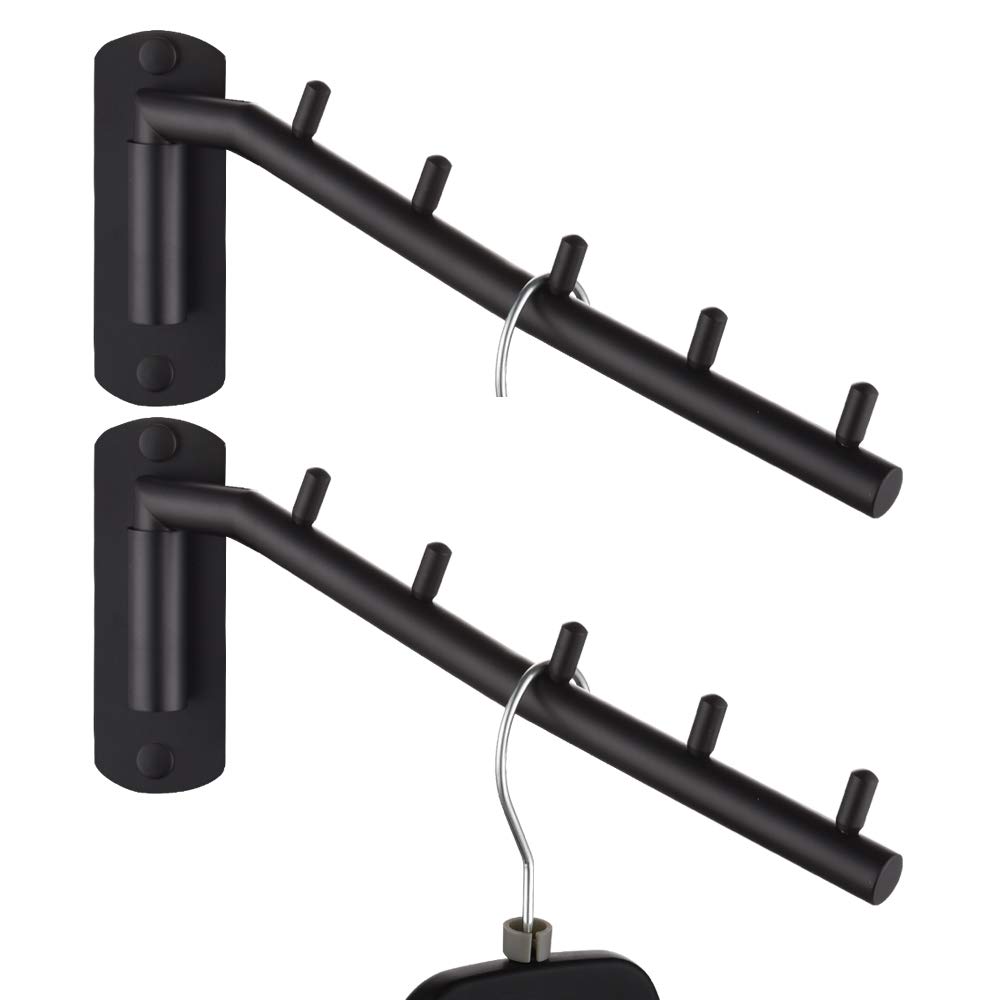 JQK Folding Clothes Hanger Rack, Stainless Steel Swing Arm Hook Holder, Clothing Hanging System Drying Closet Storage Organiser Matte Black Wall Mount 2 Pack, SHR100-PB-2P