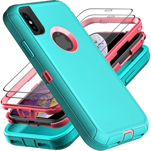 YKHJKLEC iPhone X/Xs Case Military Grade 3-in-1 Heavy Duty | Includes 2Pcs Glass SP | Aqua Blue/Pink Options | Shockproof/Drop Proof