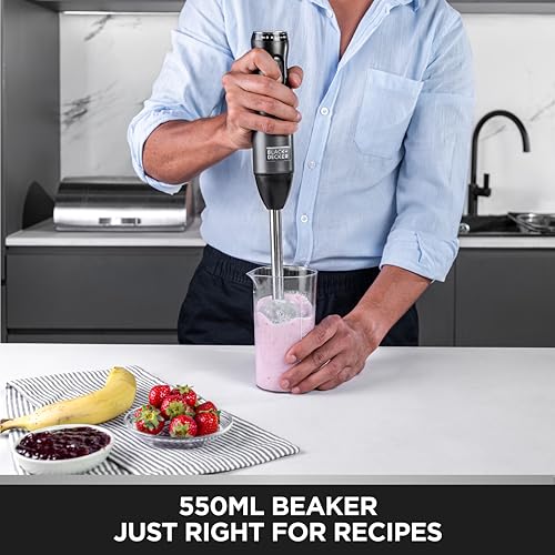 BLACK+DECKER Premium Stainless Steel Hand Blender - 600W Powerful Motor, Dual-Speed, SS Shaft with Splash Control, 550ML Beaker, 600ML Chopping Bowl | Blend, Chop, and Whisk with One Tool | SSHB625-B5