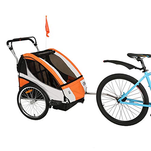 Clevr Elite 3-in-1 Double 2 Seat Bike Bicycle Trailer Jogger Stroller for Kids Children - Foldable for Storage, Orange