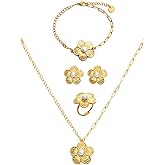 ThankZGo 5Pcs 18K Gold Plated Stainless Steel Jewelry Set for Women, Dainty Necklace Bracelet Ring Earrings Set, Gift for Valentine's Day Anniversary Party