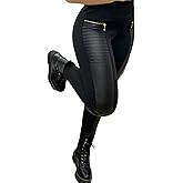 Flamingals Faux Leather Leggings for Women Tummy Control High Waisted Motorcycle Leggings Women with Pockets Patch Zip