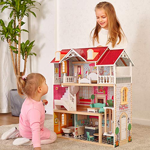 TOP BRIGHT Puppenhaus aus Holz, Puppenhaus mit Möbel und Zubehör, Puppen Haus Spielzeug für Mädchen – Bild 3