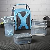 Fit &amp; Fresh Jaxx FitPak Sport Insulated Meal Prep Lunch Bag with Reusable Portion Control Container Set and 20 oz. Shaker Cup (Cobalt Aqua Shape Shifter)