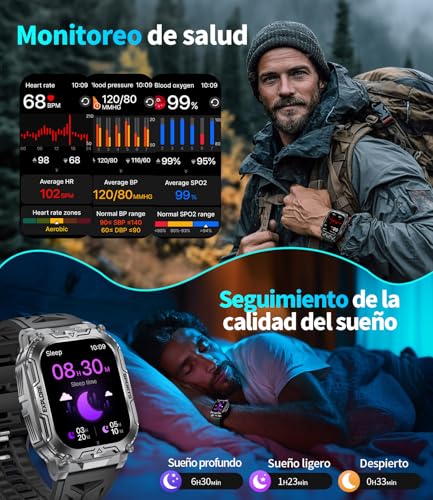 Reloj inteligente militar para hombre con batería de 1000 mAh/función de teléfono, pantalla grande de 2,01 pulgadas, reloj de fitness con frecuencia cardíaca/monitor de sueño/200+ modos deportivos