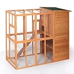 LAZYMOON Cat House Outdoor Run Wooden Cat Rabbit Home w/ Outside Fun Run Small Animal Enclosure Cage