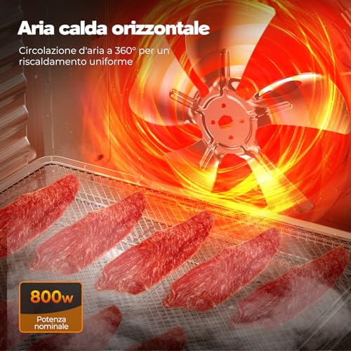 YASHE Food Dryer, 800W Dehydrator with LED Display, Temperature Up to 75°C and 48H Timer, 9 Stainless Steel Trays, 9 Mesh Sifters, 1 Fruit Tray