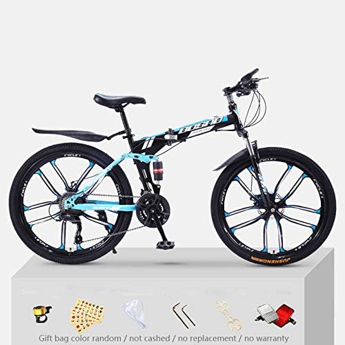 KNFBOK mens bikes mountain bike Mountain bike adult 21 speed thick steel frame folding bicycle 26 inch double shock off-road boys and girls Black and blue ten-knife wheel