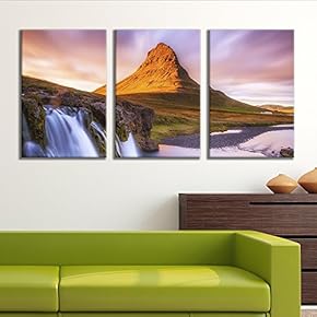 3 Panel Canvas Wall Art - Majestic Natural Landscape Triptych Canvas Series - Waterfalls and Lone Mountain - Giclee Print Gallery Wrap Modern Home Art Ready to Hang - 16"x24" x 3 Panels