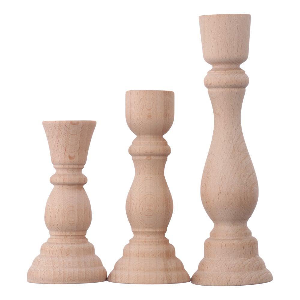 Photo 1 of 3 Pcs Wooden Candle Holders Wooden Farmhouse Candlesticks Unfinished Pillar Taper Candle Holders for DIY Spiral Taper Candle Home Decor
