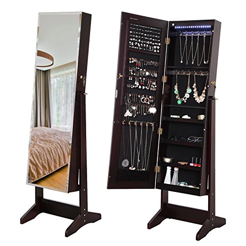 SONGMICS 18 LEDs Jewelry Cabinet with Bevel Edge Mirror Lockable Standing Armoire Organizer Brown UJJC86K