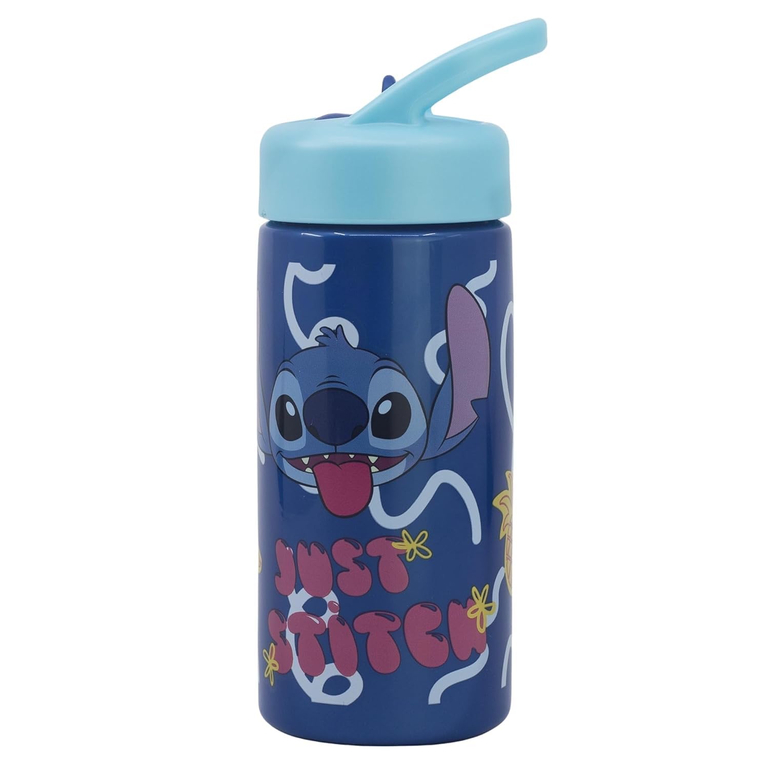 Stitch Palms Sports Water Bottle with Straw and Built-in Handle 14oz, Blue/lilac, 410 ml, Casual