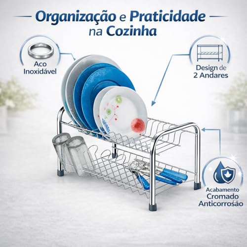 Escorredor de Louça 13 Pratos Duplo Cromado com Porta Copos – Aço Inox, 2 Andares, Alta Capacidade, Anticorrosão Premium