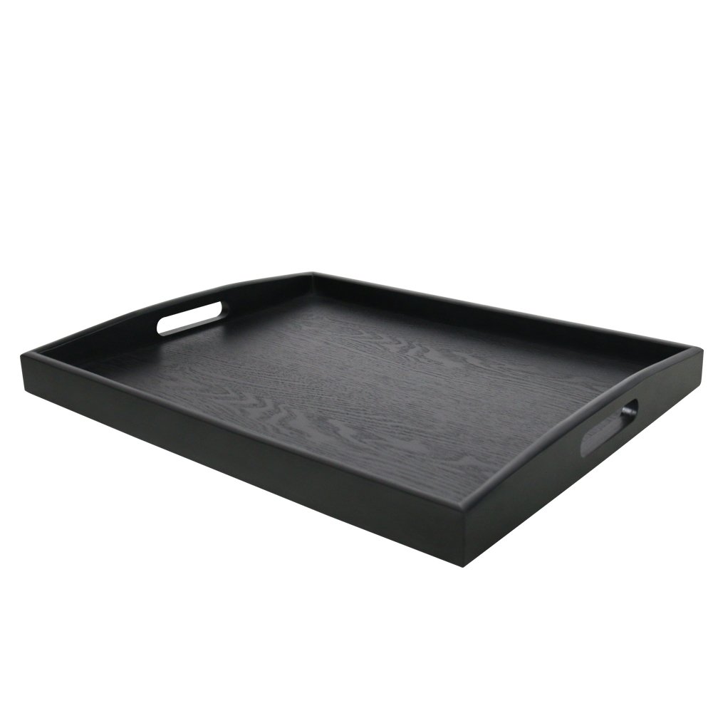 Wooden Serving Tray Large Black Wood Rectangle Food Breakfast Tray With Handles (Large)