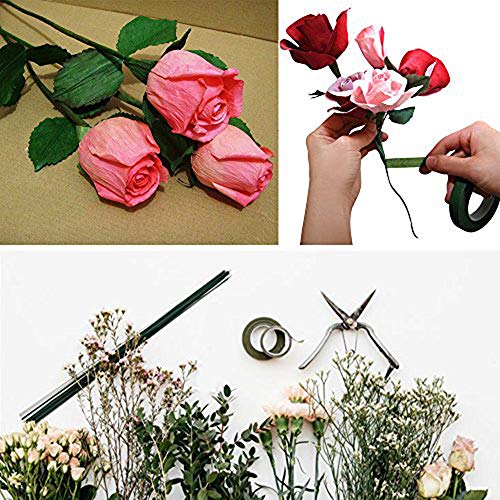 3 Rolls Flower Paper Tape with 50 Pieces Floral Stem Wire 16 Inch for Bouquent Stem Wrapping and Crafts, Dark Green