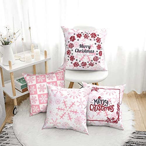 HELERKOL Set of 4 Pink Christmas Throw Pillow Covers 18x18 inch Snowflake Pillow Covers Winter Holiday Couch Sofa Cushion Covers Pillow Case