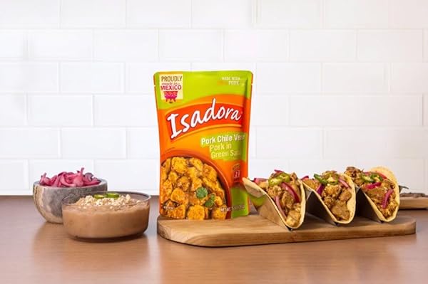 ISADORA FULLY COOKED PORK CHILE VERDE 15 OZ POUCH, READY-TO-EAT AUTHENTIC MEXICAN MEAL, PORK IN GREEN SALSA, MEDIUM HEAT, SHELF STABLE MEAT, NO REFRIGERATION NEEDED, HEAT AND SERVE INSTANT MEAL