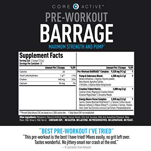 Core Active Barrage Pre Workout Powder Preworkout for Women & Men