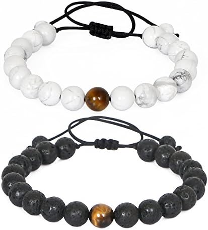 LOLOJ Distance Couple Bracelets for Lovers-2pcs Black Lava Stone & White Howlite 8mm Beads