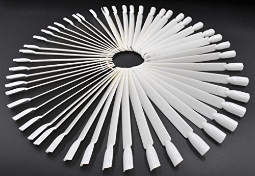 2 Sets 100 Tips Fan Shape White Plastic Nail Art Tips Display Polish Board Display Practice Sticks with Metal Split Ring Holder