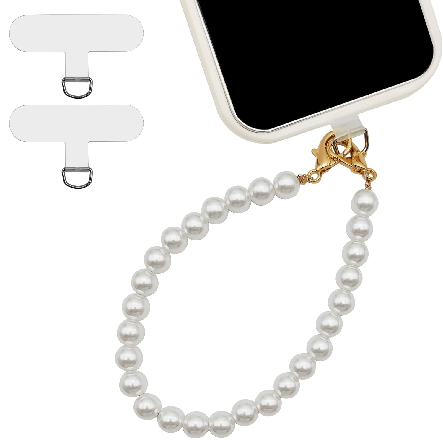 Photo 1 of Pearl Phone Charm, Universal Cell Phone Lanyard, Beaded Smartphone Bracelet Wrist Strap with 2 Pcs Phones Patches, Cellphone Chain Wrist Strap, Cellphone Lanyard Beaded Bracelets for Women (White)