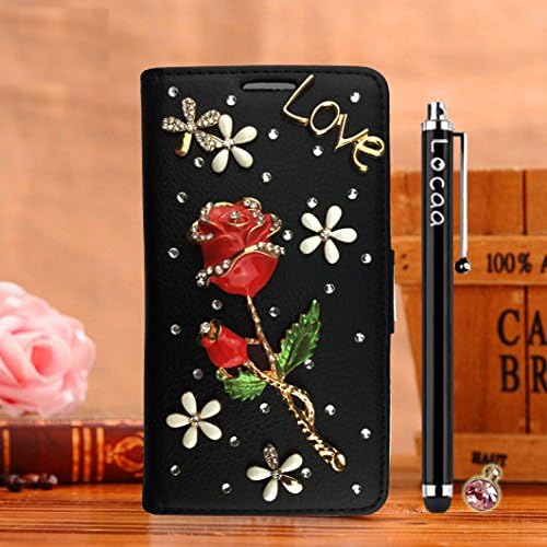 Locaa(TM) For LG V120 LGV20 Back Design Wallet Leather New Case 3D Bling Cover Protective Stand Fashion Moblie Soft Luxury Holder Rose Black Red Rose