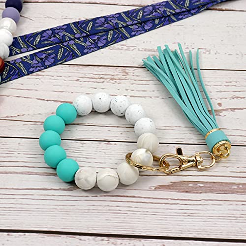 Silicone Beaded Bangle Keychain Wristlet for Women Leather Tassel(Emerald)