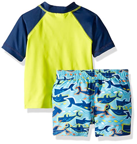 KIKO & MAX Baby Boys Swimsuit Set with Short Sleeve Rashguard Swim Shirt, Surf Crew Green/Turquoise, 18 Months