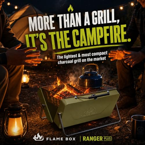 Flame Box Ranger Plus – Parrilla Portátil de Carbón Plegable Tipo Maletín | Superficie Grande para 4–5 Personas | Acero Inoxidable 304, Montaje Rápido, Ligera y Fácil de Transportar